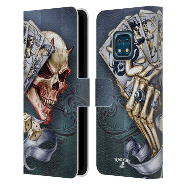 Alchemy Gothic Skull And Cards Read 'Em And Weep Leather Book Wallet Case Cover For Nokia XR20