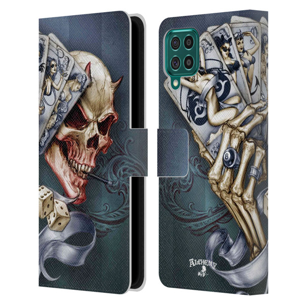 Alchemy Gothic Skull And Cards Read 'Em And Weep Leather Book Wallet Case Cover For Samsung Galaxy F62 (2021)