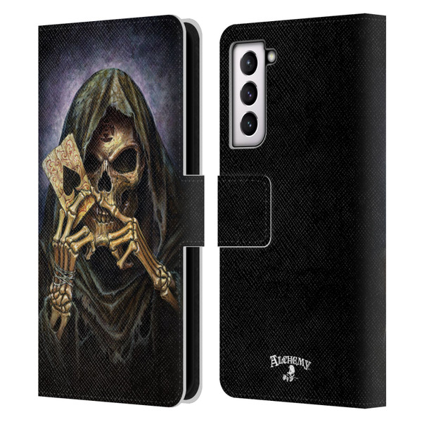 Alchemy Gothic Skull And Cards Reaper's Ace Leather Book Wallet Case Cover For Samsung Galaxy S21 5G