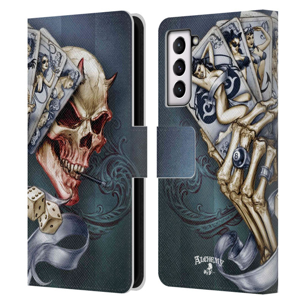 Alchemy Gothic Skull And Cards Read 'Em And Weep Leather Book Wallet Case Cover For Samsung Galaxy S21 5G