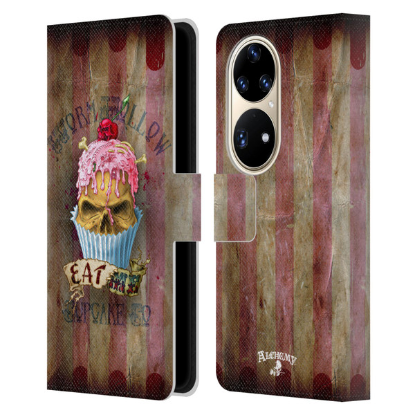 Alchemy Gothic Skull Eat Me Cupcake Leather Book Wallet Case Cover For Huawei P50 Pro