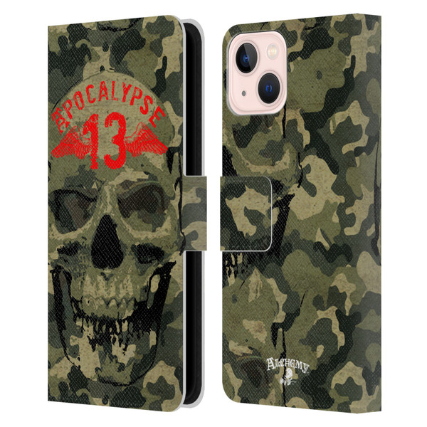 Alchemy Gothic Skull Camo Skull Leather Book Wallet Case Cover For Apple iPhone 13