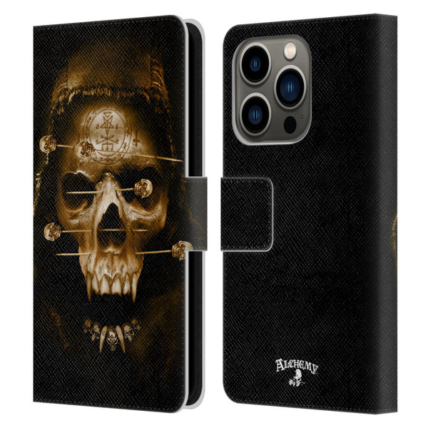 Alchemy Gothic Skull Death Fetish Leather Book Wallet Case Cover For Apple iPhone 14 Pro