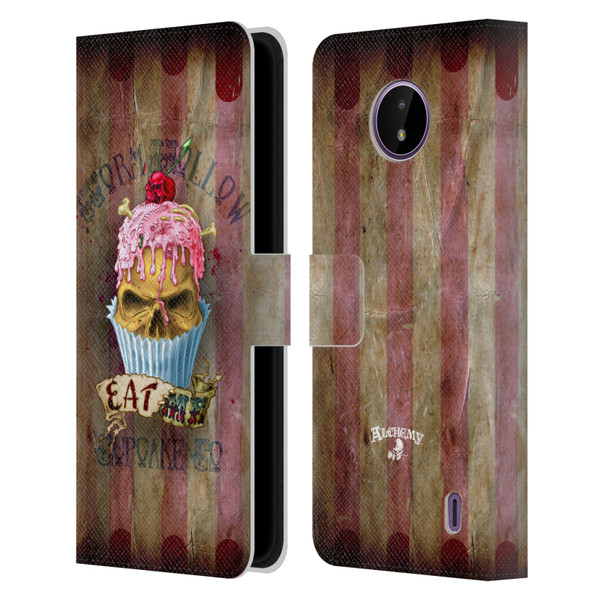 Alchemy Gothic Skull Eat Me Cupcake Leather Book Wallet Case Cover For Nokia C10 / C20
