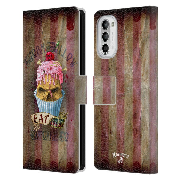 Alchemy Gothic Skull Eat Me Cupcake Leather Book Wallet Case Cover For Motorola Moto G52