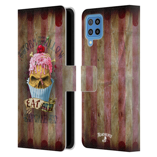 Alchemy Gothic Skull Eat Me Cupcake Leather Book Wallet Case Cover For Samsung Galaxy F22 (2021)