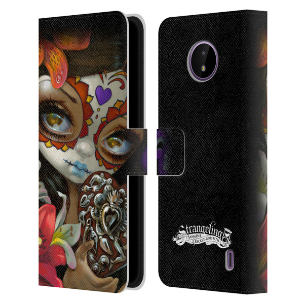 Strangeling Art Day of Dead Heart Charm Leather Book Wallet Case Cover For Nokia C10 / C20