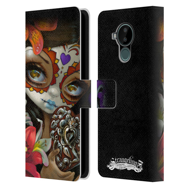 Strangeling Art Day of Dead Heart Charm Leather Book Wallet Case Cover For Nokia C30