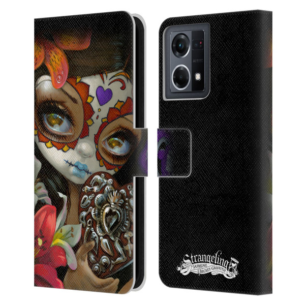 Strangeling Art Day of Dead Heart Charm Leather Book Wallet Case Cover For OPPO Reno8 4G
