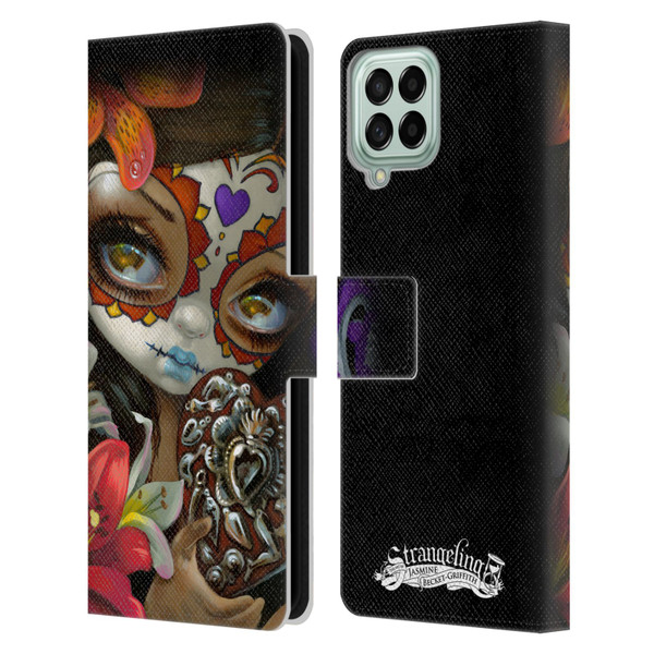 Strangeling Art Day of Dead Heart Charm Leather Book Wallet Case Cover For Samsung Galaxy M33 (2022)