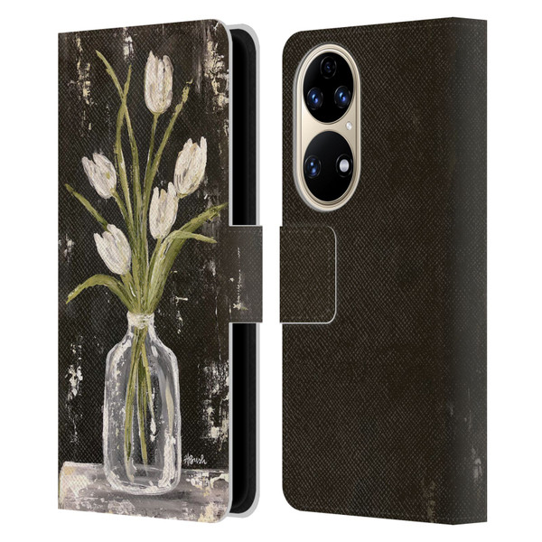 Haley Bush Floral Painting White Tulips In Glass Jar Leather Book Wallet Case Cover For Huawei P50