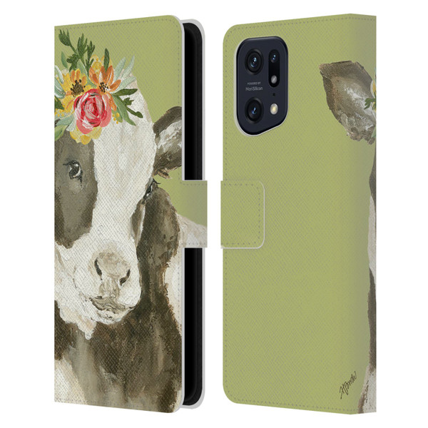 Haley Bush Floral Painting Holstein Cow Leather Book Wallet Case Cover For OPPO Find X5