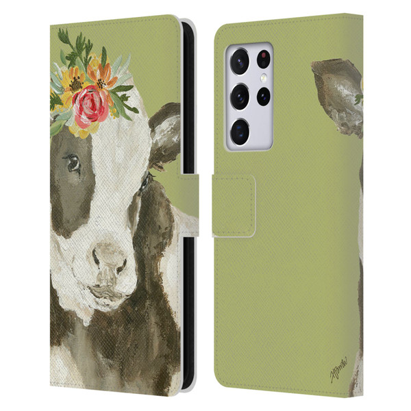 Haley Bush Floral Painting Holstein Cow Leather Book Wallet Case Cover For Samsung Galaxy S21 Ultra 5G