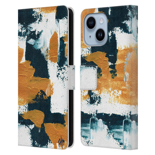 Haley Bush Pattern Painting Abstract Navy Gold White Leather Book Wallet Case Cover For Apple iPhone 14 Plus