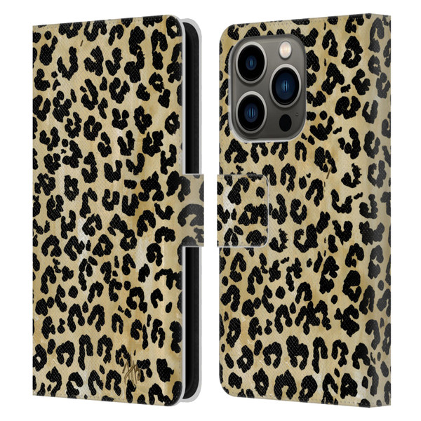 Haley Bush Pattern Painting Leopard Print Leather Book Wallet Case Cover For Apple iPhone 14 Pro