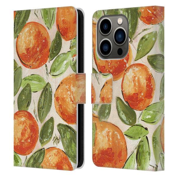 Haley Bush Pattern Painting Orange Splash Leather Book Wallet Case Cover For Apple iPhone 14 Pro