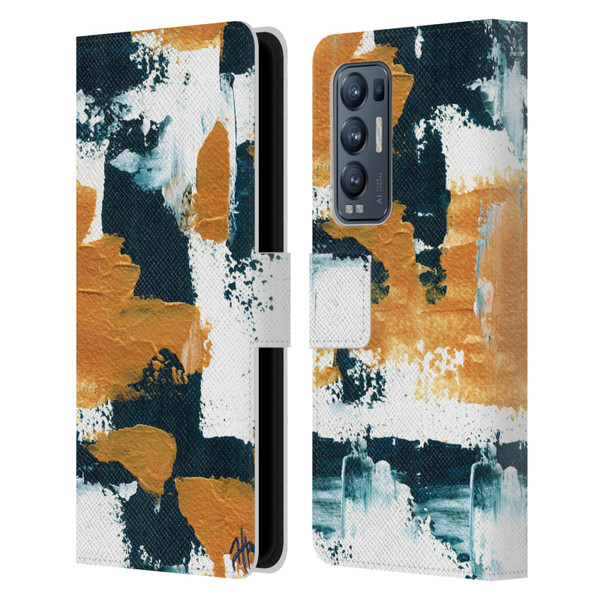 Haley Bush Pattern Painting Abstract Navy Gold White Leather Book Wallet Case Cover For OPPO Find X3 Neo / Reno5 Pro+ 5G