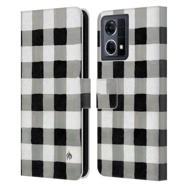 Haley Bush Pattern Painting Buffalo Check Black Leather Book Wallet Case Cover For OPPO Reno8 4G