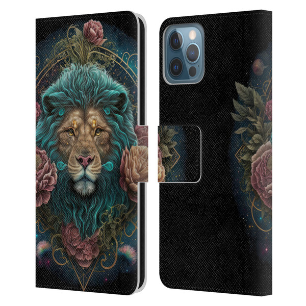 Spacescapes Floral Lions Aqua Mane Leather Book Wallet Case Cover For Apple iPhone 12 / iPhone 12 Pro