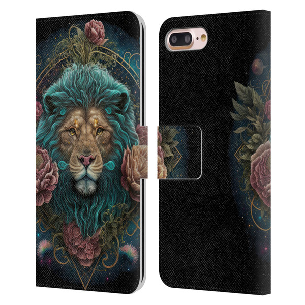 Spacescapes Floral Lions Aqua Mane Leather Book Wallet Case Cover For Apple iPhone 7 Plus / iPhone 8 Plus