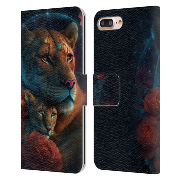 Spacescapes Floral Lions Star Watching Leather Book Wallet Case Cover For Apple iPhone 7 Plus / iPhone 8 Plus