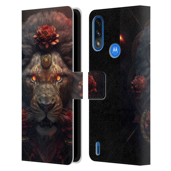 Spacescapes Floral Lions Crimson Pride Leather Book Wallet Case Cover For Motorola Moto E7 Power / Moto E7i Power