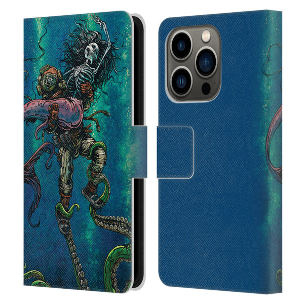 David Lozeau Colourful Grunge Diver And Mermaid Leather Book Wallet Case Cover For Apple iPhone 14 Pro