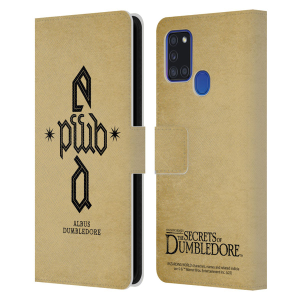 Fantastic Beasts: Secrets of Dumbledore Graphics Dumbledore's Monogram Leather Book Wallet Case Cover For Samsung Galaxy A21s (2020)