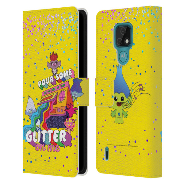 Trolls World Tour Key Art Glitter Print Leather Book Wallet Case Cover For Motorola Moto E7