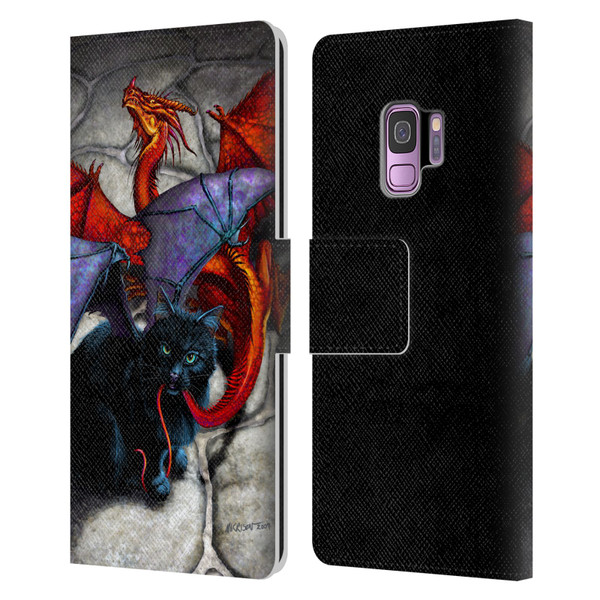 Stanley Morrison Art Bat Winged Black Cat & Dragon Leather Book Wallet Case Cover For Samsung Galaxy S9