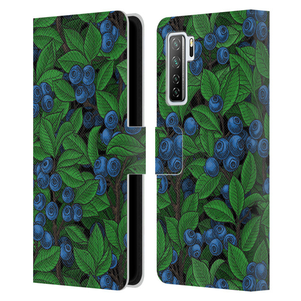 Katerina Kirilova Fruits & Foliage Patterns Blueberries Leather Book Wallet Case Cover For Huawei Nova 7 SE/P40 Lite 5G