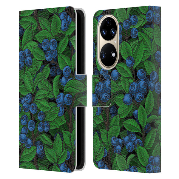 Katerina Kirilova Fruits & Foliage Patterns Blueberries Leather Book Wallet Case Cover For Huawei P50