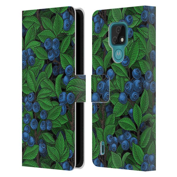 Katerina Kirilova Fruits & Foliage Patterns Blueberries Leather Book Wallet Case Cover For Motorola Moto E7