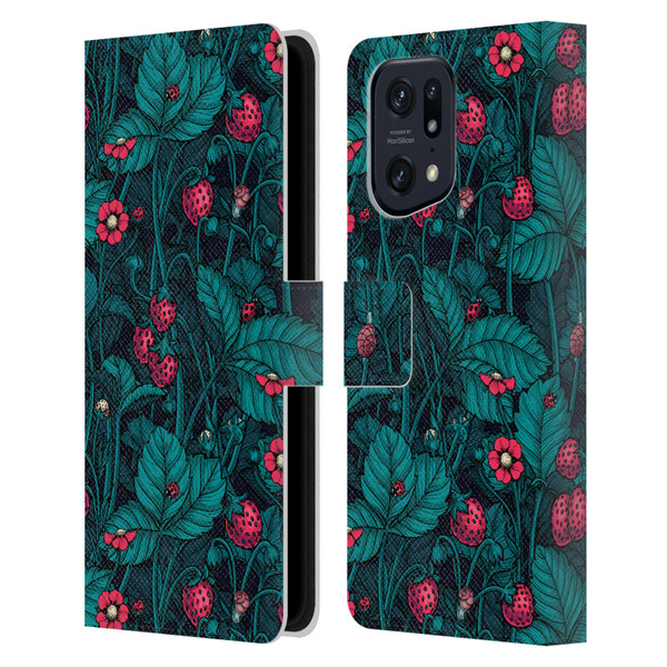 Katerina Kirilova Fruits & Foliage Patterns Wild Strawberries Leather Book Wallet Case Cover For OPPO Find X5 Pro