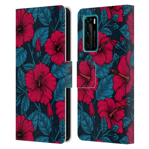 Katerina Kirilova Floral Patterns Red Hibiscus Leather Book Wallet Case Cover For Huawei P40 5G