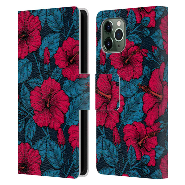 Katerina Kirilova Floral Patterns Red Hibiscus Leather Book Wallet Case Cover For Apple iPhone 11 Pro