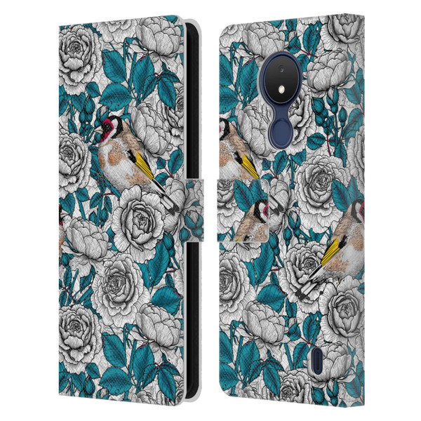 Katerina Kirilova Floral Patterns White Rose & Birds Leather Book Wallet Case Cover For Nokia C21