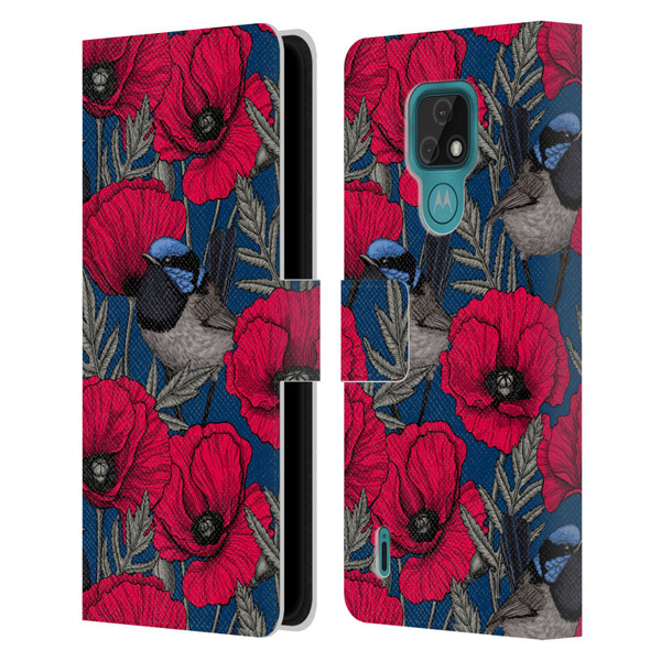 Katerina Kirilova Floral Patterns Fairy Wrens & Poppies Leather Book Wallet Case Cover For Motorola Moto E7