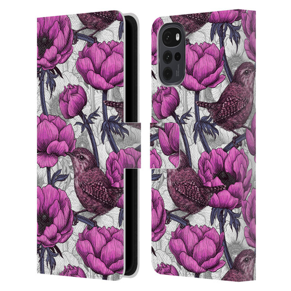 Katerina Kirilova Floral Patterns Wrens In Anemone Garden Leather Book Wallet Case Cover For Motorola Moto G22