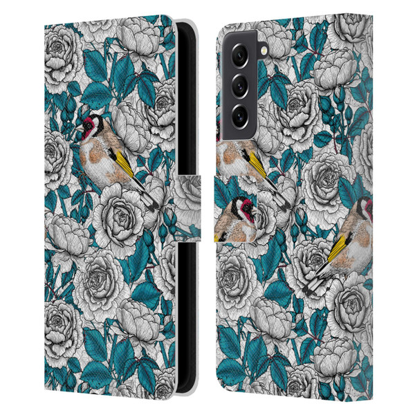 Katerina Kirilova Floral Patterns White Rose & Birds Leather Book Wallet Case Cover For Samsung Galaxy S21 FE 5G