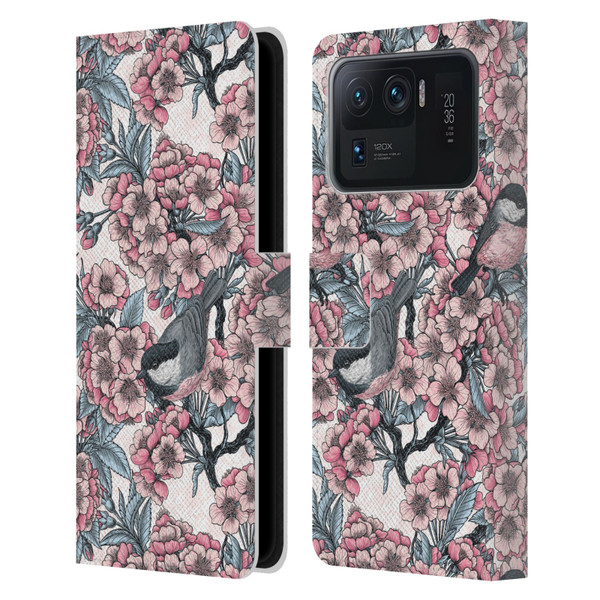 Katerina Kirilova Floral Patterns Cherry Garden Birds Leather Book Wallet Case Cover For Xiaomi Mi 11 Ultra