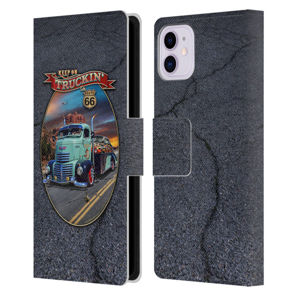 Larry Grossman Retro Collection Keep on Truckin' Rt. 66 Leather Book Wallet Case Cover For Apple iPhone 11