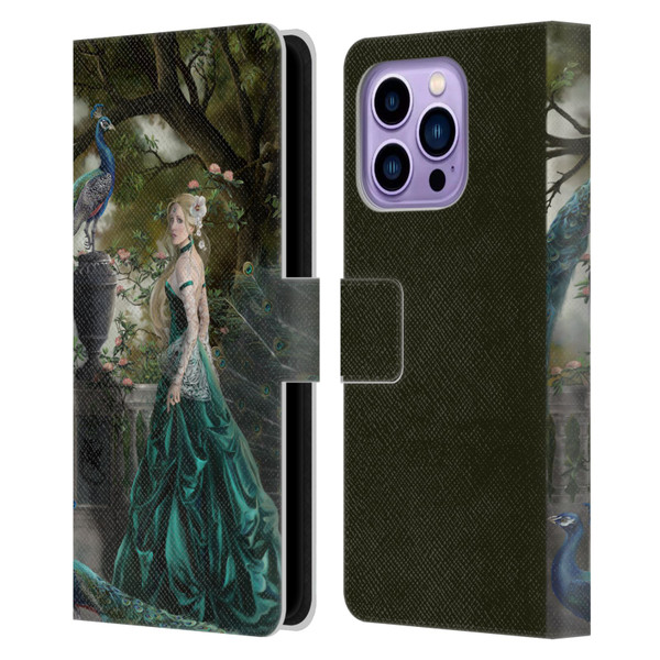 Nene Thomas Art Peacock & Princess In Emerald Leather Book Wallet Case Cover For Apple iPhone 14 Pro Max