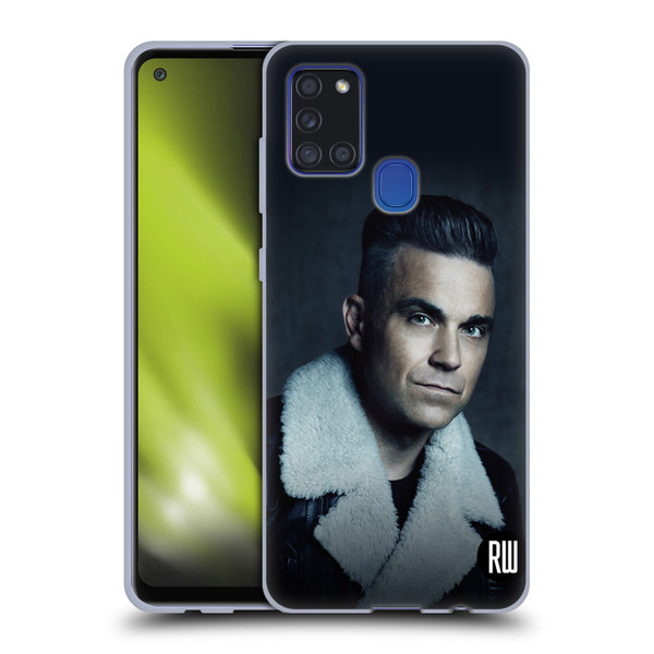 Robbie Williams Calendar Leather Jacket Soft Gel Case for Samsung Galaxy A21s (2020)