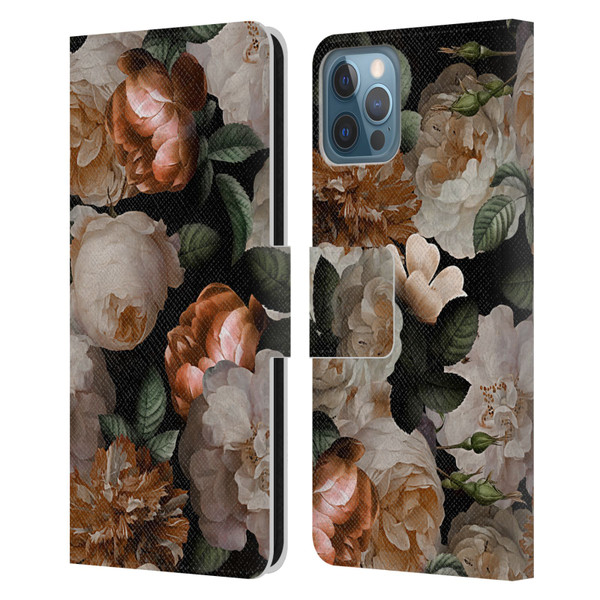 UtArt Antique Flowers Carnations And Garden Roses Leather Book Wallet Case Cover For Apple iPhone 12 / iPhone 12 Pro