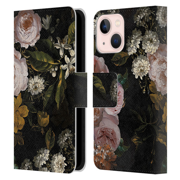 UtArt Antique Flowers Roses And Baby's Breath Leather Book Wallet Case Cover For Apple iPhone 13 Mini