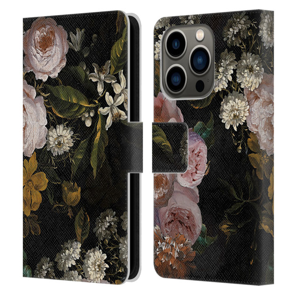 UtArt Antique Flowers Roses And Baby's Breath Leather Book Wallet Case Cover For Apple iPhone 14 Pro