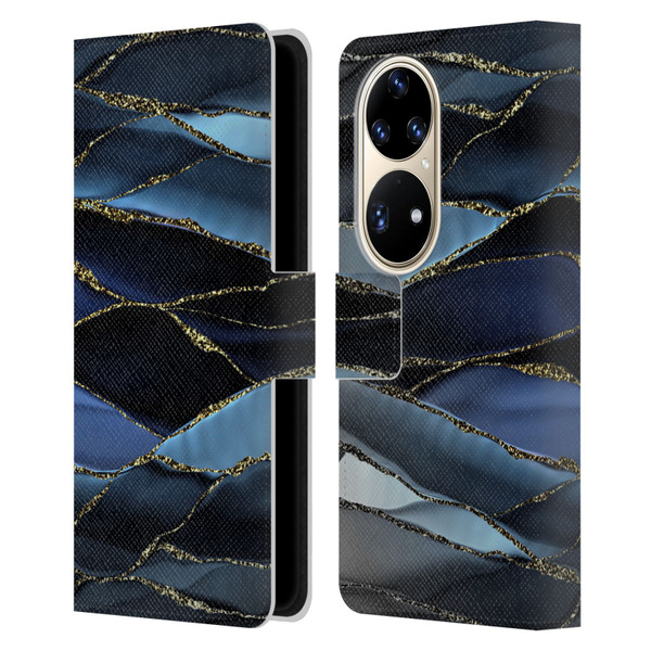 UtArt Dark Night Marble Deep Sparkle Waves Leather Book Wallet Case Cover For Huawei P50 Pro