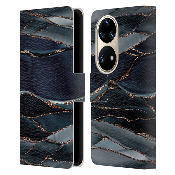 UtArt Dark Night Marble Waves Leather Book Wallet Case Cover For Huawei P50 Pro