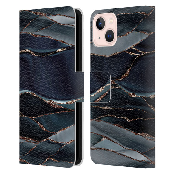 UtArt Dark Night Marble Waves Leather Book Wallet Case Cover For Apple iPhone 13